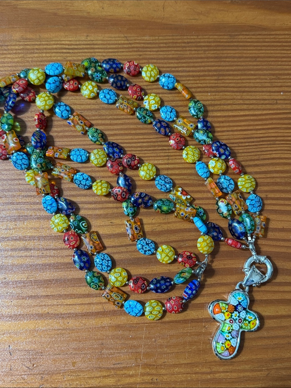 Alan K Glass  Millefiori Multicolor Long Necklace with Cross Pendant